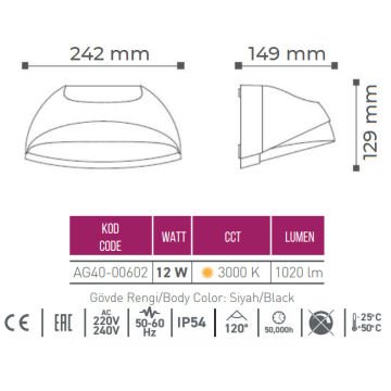 ACK AG40-00602 12 Watt Siyah Dış Mekan LED Aplik - OSRAM LED - IP54 - Gün Işığı (3000K) - Metal Gövde