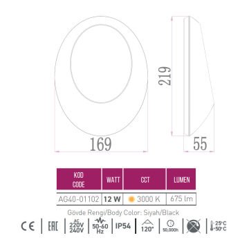 ACK AG40-01102 12 Watt Dış Mekan LED Aplik - OSRAM LED - IP54 - Gün Işığı (3000K) - Metal Gövde