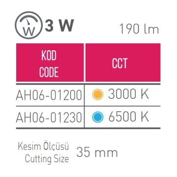 ACK AH06-01230 3 Watt Mini LED Spot - Beyaz Işık (6500K)