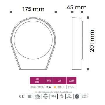 ACK AG40-01202 10 Watt Siyah Dış Mekan LED Aplik - OSRAM LED - IP54 - Gün Işığı (3000K) - Metal Gövde