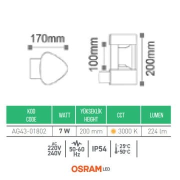 ACK AG43-01802 7 Watt Siyah Dış Mekan LED Aplik - OSRAM LED - Gün Işığı (3000K) - IP54 - Metal Gövde
