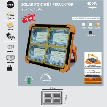 NOAS YL71-0409-S 400 Watt Dimli LED Portatif Solar Projektör - 4 Fonksiyonlu (Beyaz + Ilık Beyaz + Gün Işığı + SOS Modu)