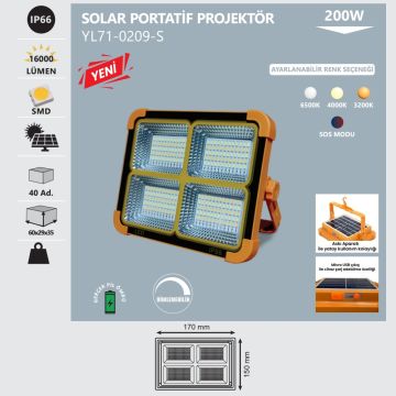 NOAS YL71-0209-S 200 Watt Dimli LED Portatif Solar Projektör - 4 Fonksiyonlu (Beyaz + Ilık Beyaz + Gün Işığı + SOS Modu)