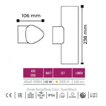 ACK AG40-00802 10 Watt Siyah Tek Yönlü Dış Mekan LED Aplik - OSRAM LED - IP54 - Gün Işığı (3000K) - Metal Gövde