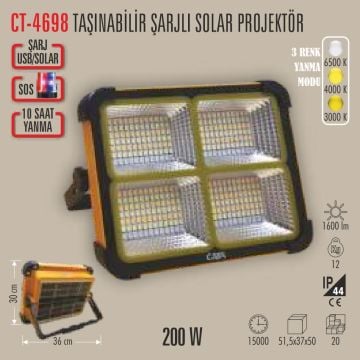 CATA CT-4698 200 Watt Solar Projektör - Dimli - 3 Renk Modu (Beyaz + Ilık Beyaz + Gün Işığı)