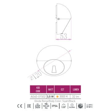 ACK AG40-01502 3.5 Watt Siyah Dış Mekan LED Aplik - OSRAM LED - IP54 - Gün Işığı (3000K) - Metal Gövde