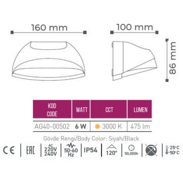 ACK AG40-00502 6 Watt Siyah Dış Mekan LED Aplik - OSRAM LED - IP54 - Gün Işığı (3000K) - Metal Gövde