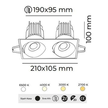 MOLLED MOL6109M 2x12 Watt Siyah Kasa Sıva Altı İkili LED Spot (SAMSUNG/OSRAM/PHILIPS LED & EAGLERISE/PHILIPS/LIFUD Driver)