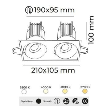MOLLED MOL6109M 2x8 Watt Siyah Kasa Sıva Altı İkili LED Spot (SAMSUNG/OSRAM/PHILIPS LED & EAGLERISE/PHILIPS/LIFUD Driver)