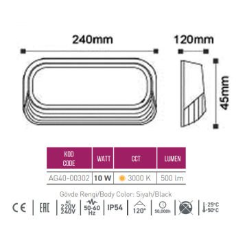 ACK AG40-00302 10 Watt Dış Mekan LED Aplik - OSRAM LED - IP54 - Gün Işığı (3000K) - Metal Gövde