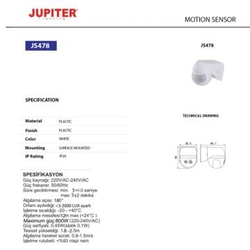 JUPITER JS478 Duvar Tipi 180 Derece Hareket Sensörü