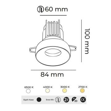 MOLLED MOL4177M Dali Dimli 12 Watt Siyah Kasa Sıva Altı Yuvarlak LED Spot