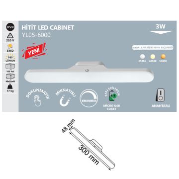 NOAS YL05-6000 3 Watt Şarjlı, Dimli, Dokunmatik LED Dolap / Kabin Aydınlatması - 3 Işık Fonksiyonlu (Beyaz + Ilık Beyaz + Gün Işığı)