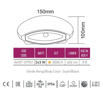 ACK AH07-07901 2x3 Watt Siyah Çift Yönlü Dış Mekan LED Aplik - Gün Işığı (3000K) - IP54 - Metal Gövde