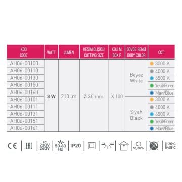 ACK AH06-00131 3 Watt Siyah Kasa Mini LED Spot - Beyaz Işık (6500K)