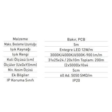 JUPITER LE208 12 Volt 12 Watt/Metre Şerit Led - Gün Işığı (3000K) [5 Metre]