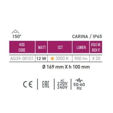 ACK AG39-00101 12 Watt Yuvarlak Dış Mekan LED Aplik - IP65 - Gün Işığı (3000K)