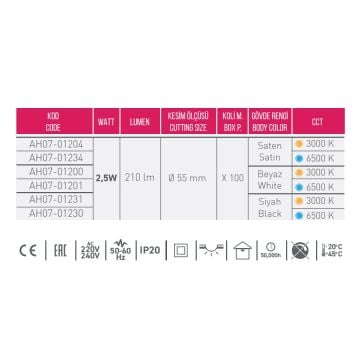 ACK AH07-01234 2.5 Watt Saten Kasa Mini LED Spot - Beyaz Işık (6500K)