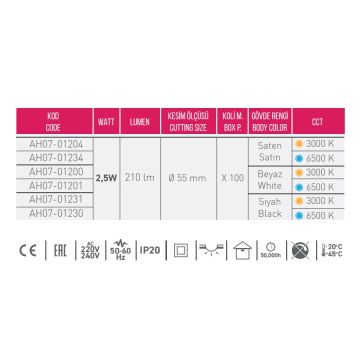 ACK AH07-01231 2.5 Watt Siyah Kasa Mini LED Spot - Beyaz Işık (6500K)