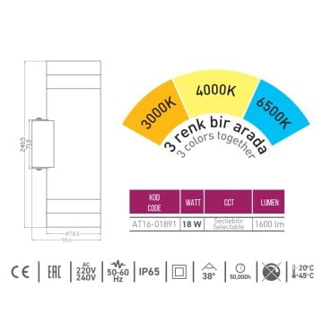 ACK AT16-01891 18 Watt Siyah Çift Yönlü Dış Mekan LED Aplik - 3 Işık Renkli (Beyaz + Ilık Beyaz + Gün Işığı) - IP65