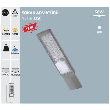 NOAS YL73-0050 50 Watt LED Sokak Armatürü - Beyaz Işık (6500K)