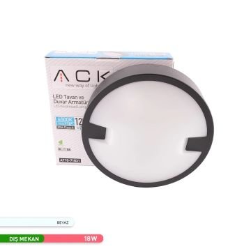 ACK AT10-71831 18 Watt Siyah Dış Mekan Yuvarlak LED Aplik - Beyaz Işık (6500K) - IP54