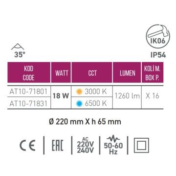 ACK AT10-71831 18 Watt Siyah Dış Mekan Yuvarlak LED Aplik - Beyaz Işık (6500K) - IP54