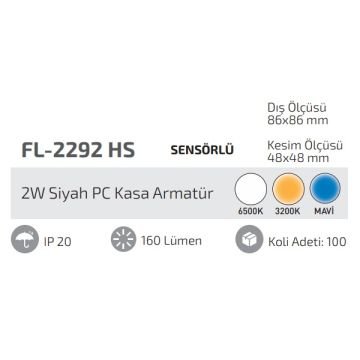 FORLIFE FL-2292 HS 2 Watt Siyah Sıva Altı Kare Sensörlü Dış Mekan LED Merdiven Armatürü - PC Gövde - Gün Işığı (3200K)