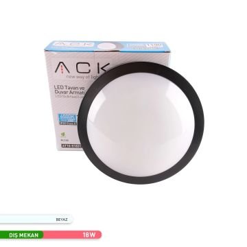 ACK AT10-51831 18 Watt Siyah Dış Mekan Yuvarlak LED Aplik - Beyaz Işık (6500K) - IP65 - PC Gövde