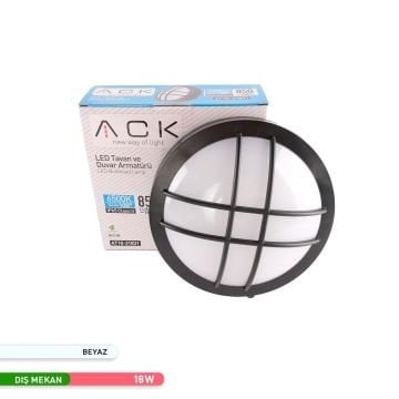 ACK AT10-31831 18 Watt Siyah Dış Mekan Kafesli Yuvarlak LED Aplik - Beyaz Işık (6500K) - IP65 - PC Gövde