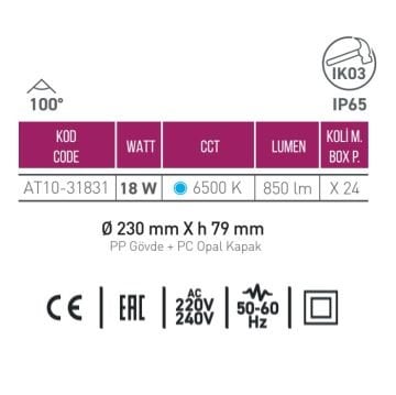 ACK AT10-31831 18 Watt Siyah Dış Mekan Kafesli Yuvarlak LED Aplik - Beyaz Işık (6500K) - IP65 - PC Gövde