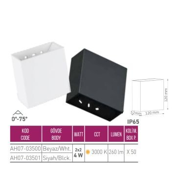ACK AH07-03500 2x2 Watt Ayarlanabilir Açılı Beyaz Çift Yönlü Dış Mekan LED Aplik- Gün Işığı (3000K) - IP65 - PC Gövde