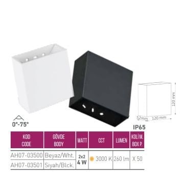 ACK AH07-03500 2x2 Watt Ayarlanabilir Açılı Beyaz Çift Yönlü Dış Mekan LED Aplik- Gün Işığı (3000K) - IP65 - PC Gövde