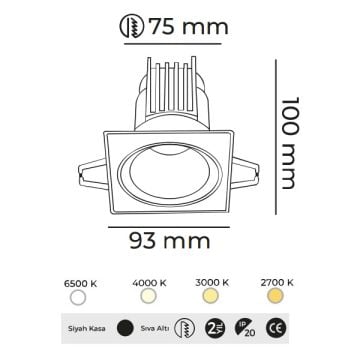 MOLLED MOL4151M Dali Dimli 10 Watt Siyah Sıva Altı Kare LED Spot