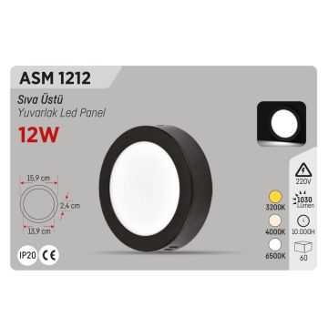 YCL ASM 1212 12 Watt Siyah Kasa Sıva Üstü Yuvarlak LED Panel