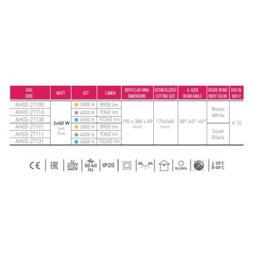 ACK AH03-27131 2x40 Watt Siyah Kasa Sıva Altı İkili LED Mağaza Spotu - Beyaz Işık (6500K) [SAMSUN/OSRAM LED & OSRAM/PHILIPS Driver]