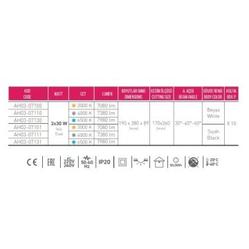 ACK AH03-07131 2x30 Watt Siyah Kasa Sıva Altı İkili LED Mağaza Spotu - Beyaz Işık (6500K) [SAMSUN/OSRAM LED & OSRAM/PHILIPS Driver]