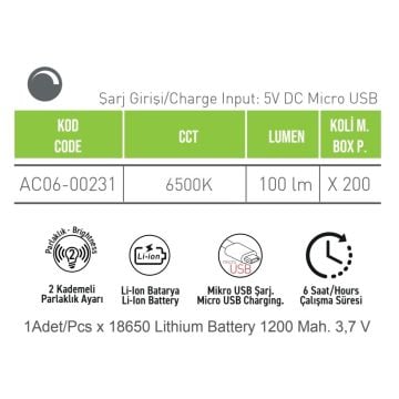 ACK AC06-00231 Şarjlı Çift Kademeli LED El Feneri