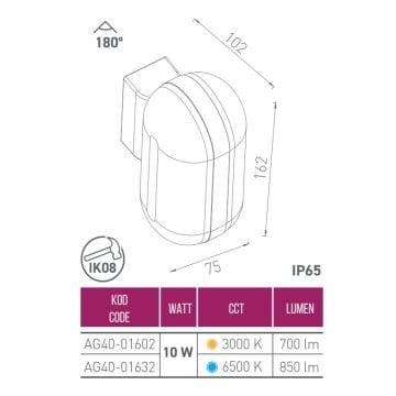 ACK AG40-01632 10 Watt Siyah Dış Mekan LED Aplik - IP65 - Beyaz Işık (6500K)