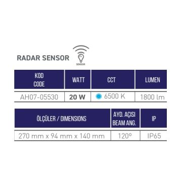 ACK AH07-05530 20 Watt Radar Sensörlü Beyaz Dış Mekan LED Aplik - Beyaz Işık (6500K) - IP65