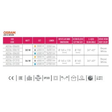 ACK AD36-00630 30 Watt Sıva Altı LED Mağaza Spotu - Beyaz Işık (6500K) [OSRAM LED & OSRAM Driver]