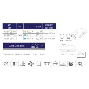 ACK AH07-05300 20 Watt Sensörlü Beyaz Dış Mekan LED Aplik - Gün Işığı (3000K) - IP44