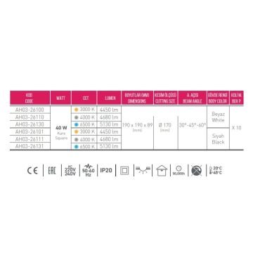 ACK AH03-26131 40 Watt Siyah Kasa Sıva Altı Kare LED Mağaza Spotu - Beyaz Işık (6500K) [SAMSUN/OSRAM LED & OSRAM/PHILIPS Driver]