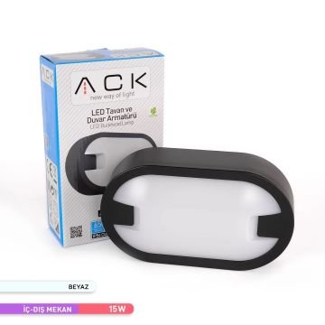 ACK AT11-21531 15 Watt Siyah Dış Mekan Elips LED Aplik - Beyaz Işık (6500K) - IP54