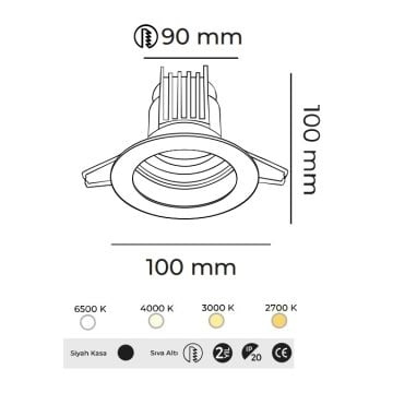 MOLLED MOL1680M Triac Dimli 12 Watt Siyah Kasa Sıva Altı Yuvarlak LED Spot