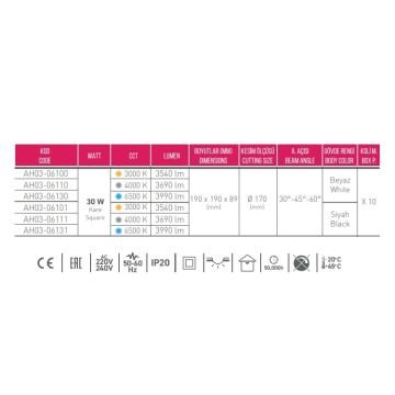 ACK AH03-06111 30 Watt Siyah Kasa Sıva Altı Kare LED Mağaza Spotu - Ilık Beyaz (4000K) [SAMSUN/OSRAM LED & OSRAM/PHILIPS Driver]