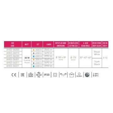 ACK AH03-06031 30 Watt Siyah Kasa Sıva Altı Kare LED Mağaza Spotu - Beyaz Işık (6500K) [SAMSUN/OSRAM LED & OSRAM/PHILIPS Driver]