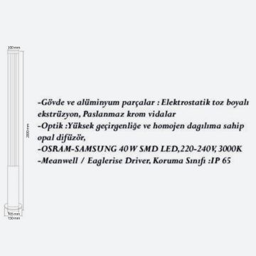 CreaLight CL-B-111 3x13 Watt 200 cm LED Bollard Armatür - Metal Gövde - SAMSUNG/OSRAM LED & MEAN WELL/EAGLERISE Driver - IP65 - Gün Işığı (3000K)