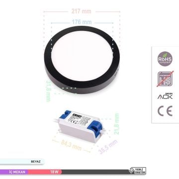 ACK AP03-01831 18 Watt Siyah Kasa Sıva Üstü Yuvarlak LED Panel - OSRAM LED - Beyaz Işık (6500K)