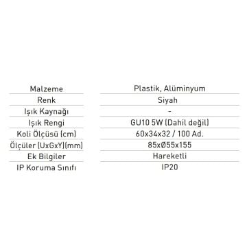 JUPITER JK650 S Siyah Ray Spot Kasası (GU10 Duylu)
